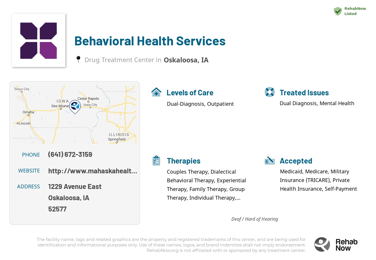 Helpful reference information for Behavioral Health Services, a drug treatment center in Iowa located at: 1229 Avenue East, Oskaloosa, IA, 52577, including phone numbers, official website, and more. Listed briefly is an overview of Levels of Care, Therapies Offered, Issues Treated, and accepted forms of Payment Methods.