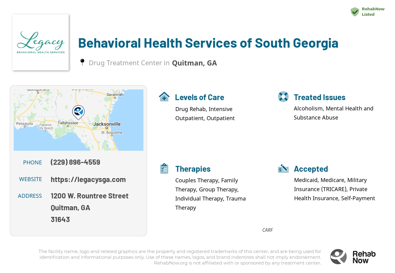 Helpful reference information for Behavioral Health Services of South Georgia, a drug treatment center in Georgia located at: 1200 1200 W. Rountree Street, Quitman, GA 31643, including phone numbers, official website, and more. Listed briefly is an overview of Levels of Care, Therapies Offered, Issues Treated, and accepted forms of Payment Methods.
