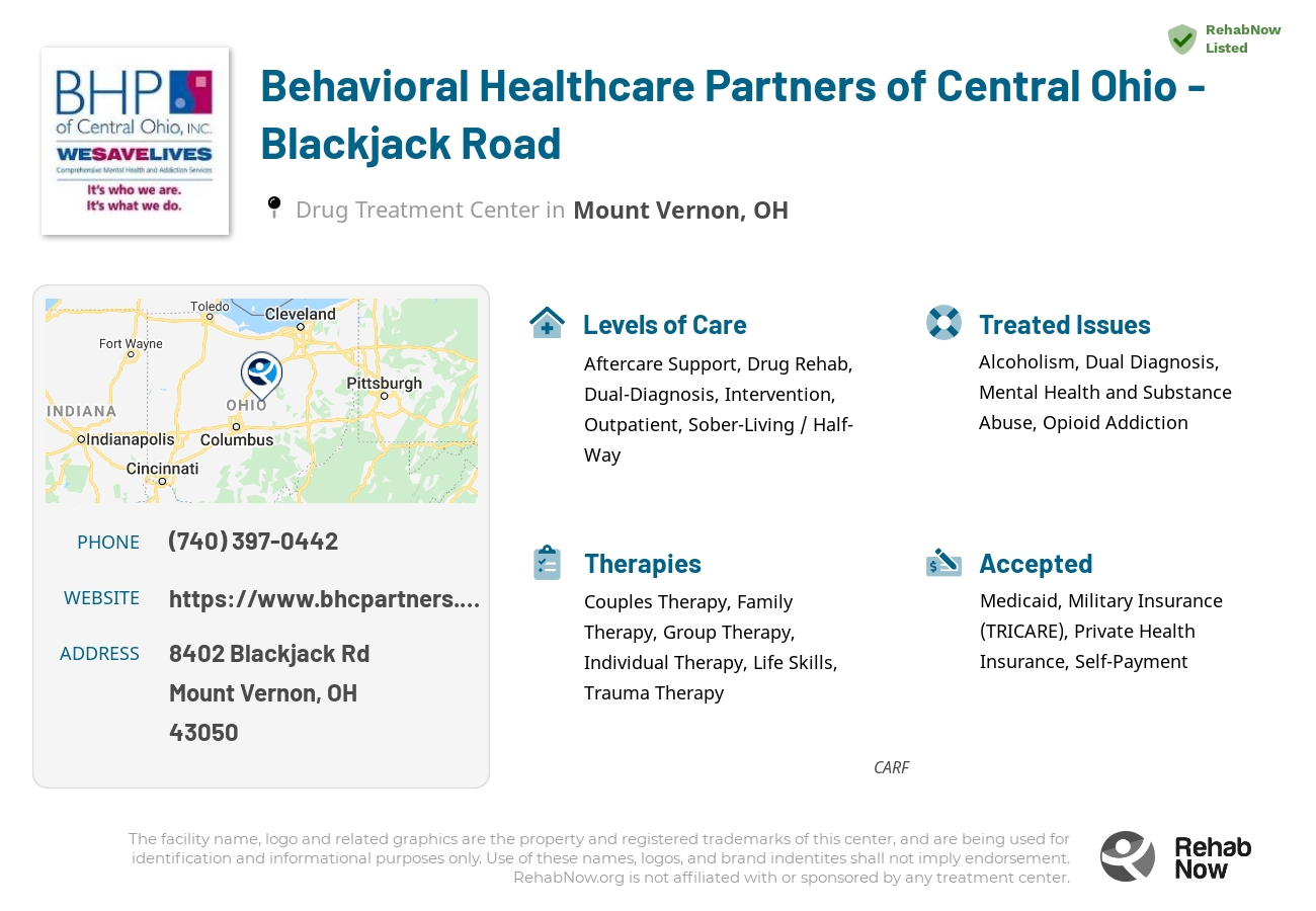Helpful reference information for Behavioral Healthcare Partners of Central Ohio - Blackjack Road, a drug treatment center in Ohio located at: 8402 Blackjack Rd, Mount Vernon, OH 43050, including phone numbers, official website, and more. Listed briefly is an overview of Levels of Care, Therapies Offered, Issues Treated, and accepted forms of Payment Methods.