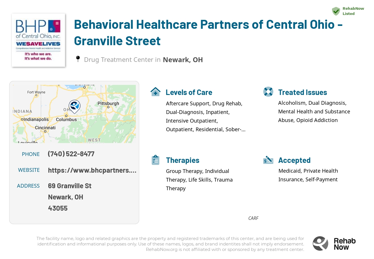 Helpful reference information for Behavioral Healthcare Partners of Central Ohio - Granville Street, a drug treatment center in Ohio located at: 69 Granville St, Newark, OH 43055, including phone numbers, official website, and more. Listed briefly is an overview of Levels of Care, Therapies Offered, Issues Treated, and accepted forms of Payment Methods.