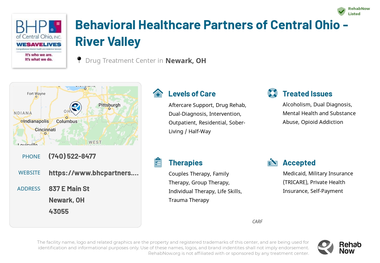 Helpful reference information for Behavioral Healthcare Partners of Central Ohio - River Valley, a drug treatment center in Ohio located at: 837 E Main St, Newark, OH 43055, including phone numbers, official website, and more. Listed briefly is an overview of Levels of Care, Therapies Offered, Issues Treated, and accepted forms of Payment Methods.