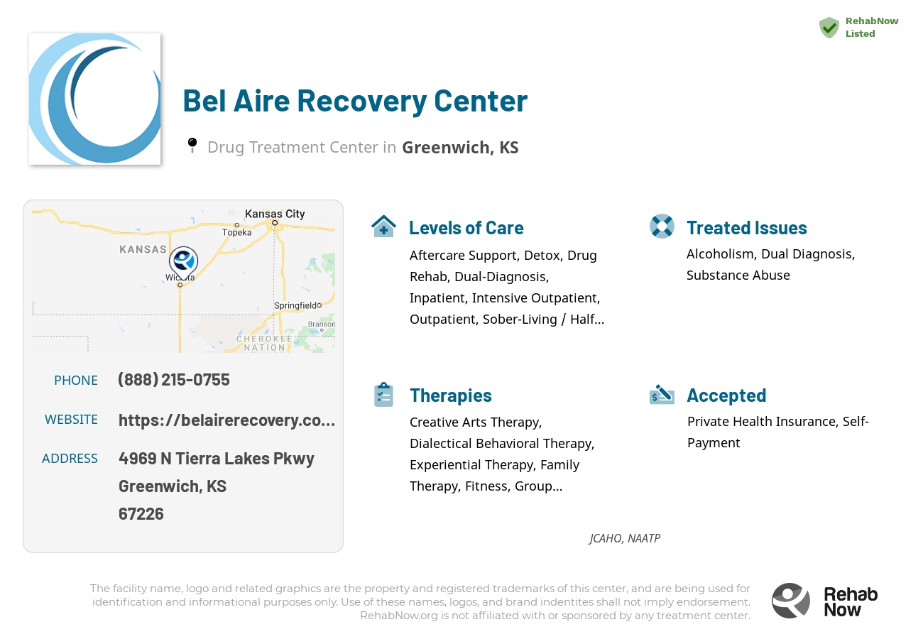 Helpful reference information for Bel Aire Recovery Center, a drug treatment center in Kansas located at: 4969 N Tierra Lakes Pkwy, Greenwich, KS, 67226, including phone numbers, official website, and more. Listed briefly is an overview of Levels of Care, Therapies Offered, Issues Treated, and accepted forms of Payment Methods.