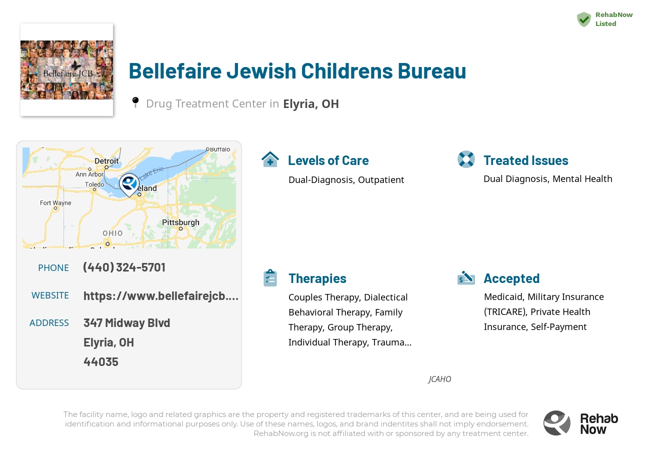 Helpful reference information for Bellefaire Jewish Childrens Bureau, a drug treatment center in Ohio located at: 347 Midway Blvd, Elyria, OH 44035, including phone numbers, official website, and more. Listed briefly is an overview of Levels of Care, Therapies Offered, Issues Treated, and accepted forms of Payment Methods.