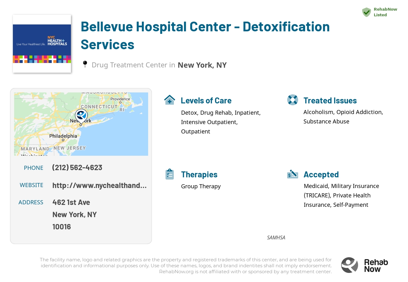 Helpful reference information for Bellevue Hospital Center - Detoxification Services, a drug treatment center in New York located at: 462 1st Ave, New York, NY 10016, including phone numbers, official website, and more. Listed briefly is an overview of Levels of Care, Therapies Offered, Issues Treated, and accepted forms of Payment Methods.