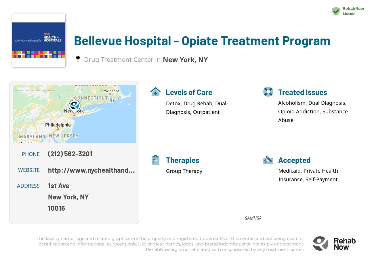 Helpful reference information for Bellevue Hospital - Opiate Treatment Program, a drug treatment center in New York located at: 1st Ave, New York, NY 10016, including phone numbers, official website, and more. Listed briefly is an overview of Levels of Care, Therapies Offered, Issues Treated, and accepted forms of Payment Methods.