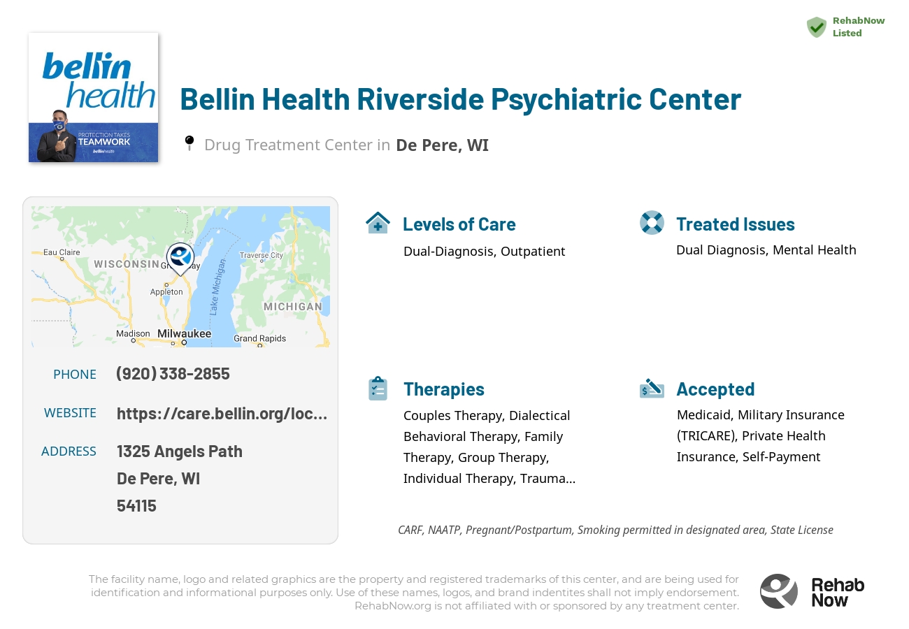 Helpful reference information for Bellin Health Riverside Psychiatric Center, a drug treatment center in Wisconsin located at: 1325 Angels Path, De Pere, WI 54115, including phone numbers, official website, and more. Listed briefly is an overview of Levels of Care, Therapies Offered, Issues Treated, and accepted forms of Payment Methods.