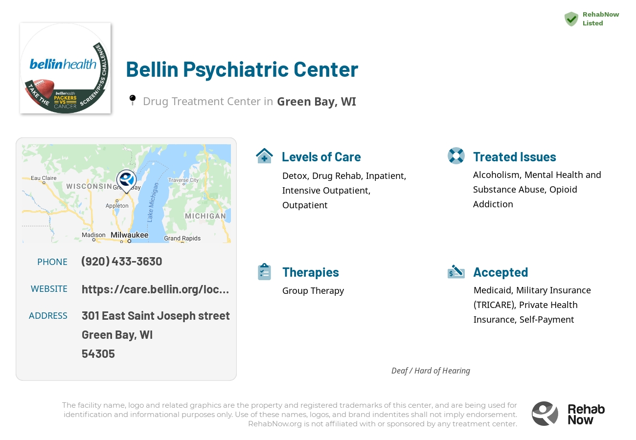 Helpful reference information for Bellin Psychiatric Center, a drug treatment center in Wisconsin located at: 301 East Saint Joseph street, Green Bay, WI 54305, including phone numbers, official website, and more. Listed briefly is an overview of Levels of Care, Therapies Offered, Issues Treated, and accepted forms of Payment Methods.