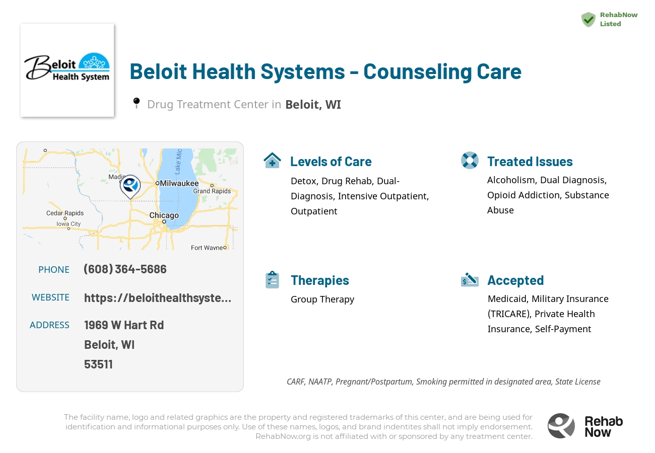 Helpful reference information for Beloit Health Systems - Counseling Care, a drug treatment center in Wisconsin located at: 1969 W Hart Rd, Beloit, WI 53511, including phone numbers, official website, and more. Listed briefly is an overview of Levels of Care, Therapies Offered, Issues Treated, and accepted forms of Payment Methods.