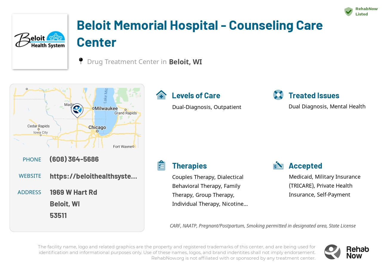 Helpful reference information for Beloit Memorial Hospital - Counseling Care Center, a drug treatment center in Wisconsin located at: 1969 W Hart Rd, Beloit, WI 53511, including phone numbers, official website, and more. Listed briefly is an overview of Levels of Care, Therapies Offered, Issues Treated, and accepted forms of Payment Methods.