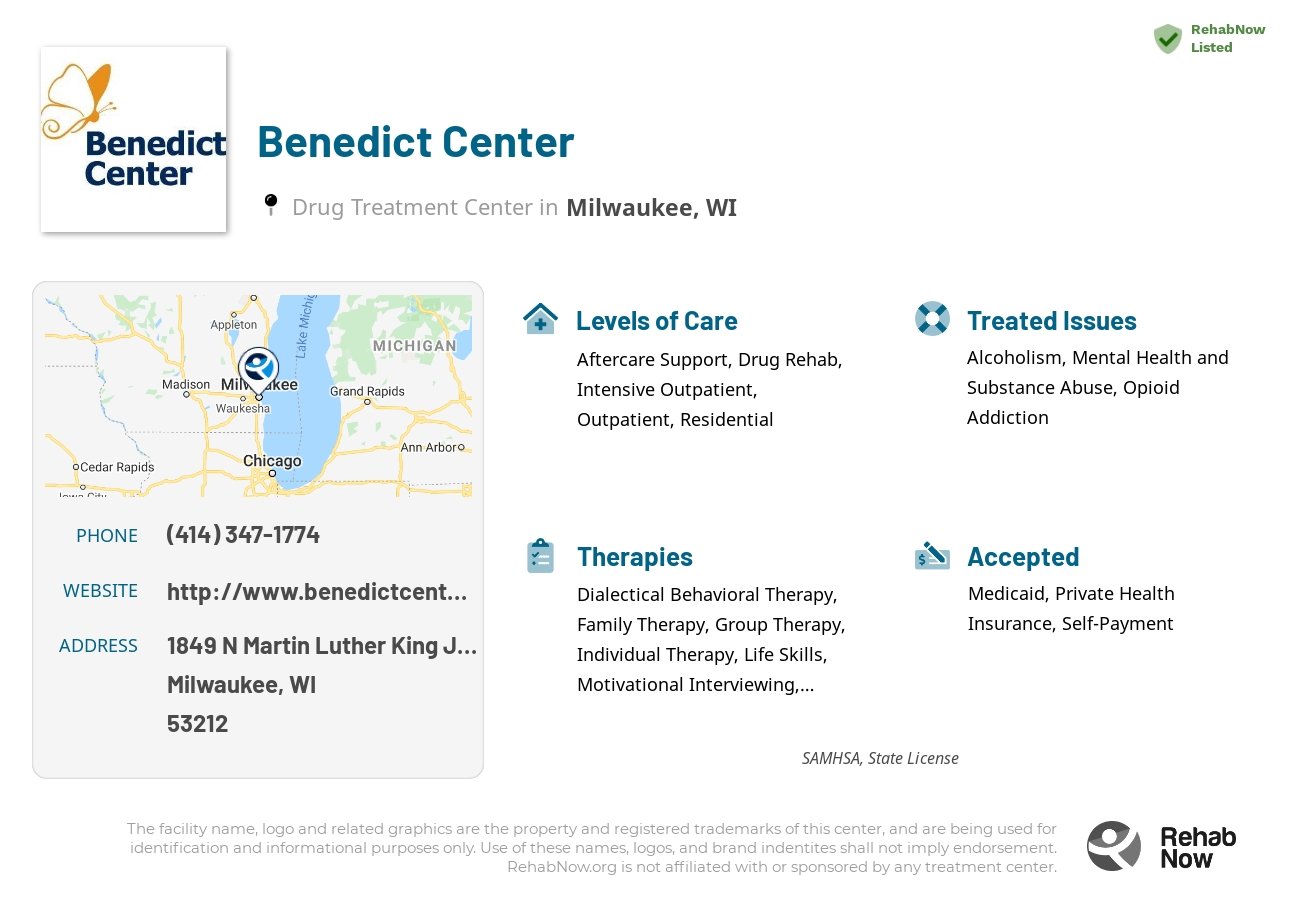 Helpful reference information for Benedict Center, a drug treatment center in Wisconsin located at: 1849 N Martin Luther King Jr Dr, Milwaukee, WI 53212, including phone numbers, official website, and more. Listed briefly is an overview of Levels of Care, Therapies Offered, Issues Treated, and accepted forms of Payment Methods.