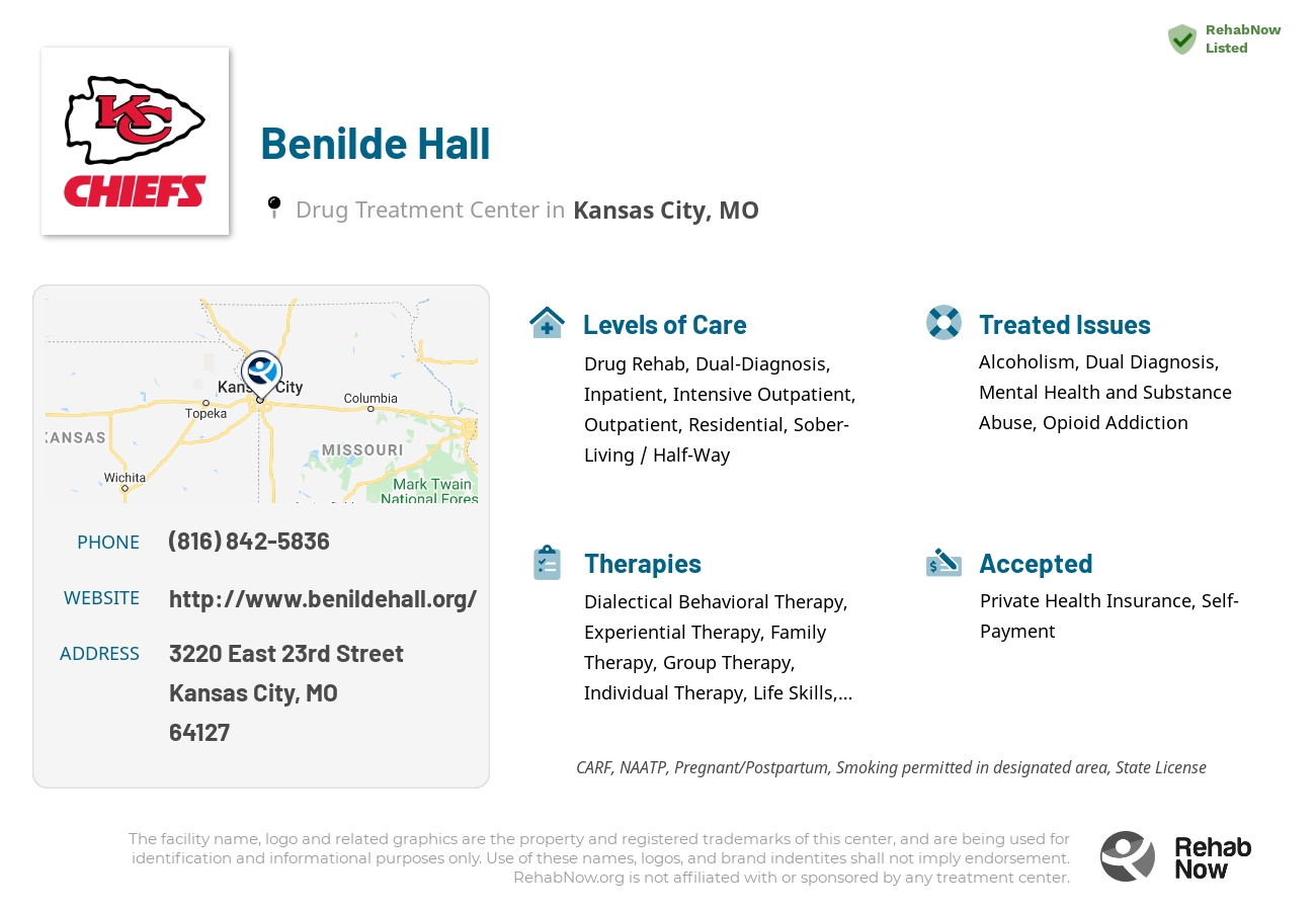 Helpful reference information for Benilde Hall, a drug treatment center in Missouri located at: 3220 East 23rd Street, Kansas City, MO, 64127, including phone numbers, official website, and more. Listed briefly is an overview of Levels of Care, Therapies Offered, Issues Treated, and accepted forms of Payment Methods.