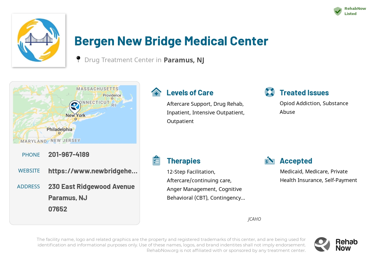 Helpful reference information for Bergen New Bridge Medical Center, a drug treatment center in New Jersey located at: 230 East Ridgewood Avenue, Paramus, NJ 07652, including phone numbers, official website, and more. Listed briefly is an overview of Levels of Care, Therapies Offered, Issues Treated, and accepted forms of Payment Methods.