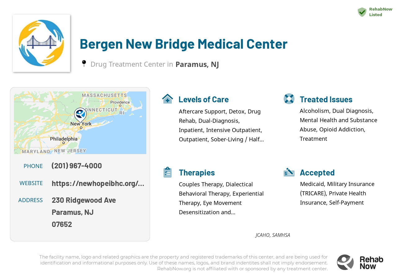 Helpful reference information for Bergen New Bridge Medical Center, a drug treatment center in New Jersey located at: 230 Ridgewood Ave, Paramus, NJ 07652, including phone numbers, official website, and more. Listed briefly is an overview of Levels of Care, Therapies Offered, Issues Treated, and accepted forms of Payment Methods.