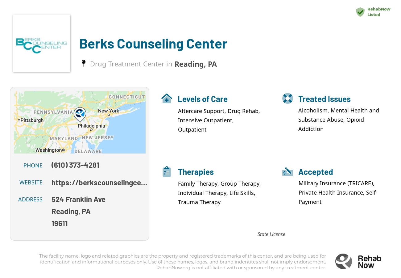 Helpful reference information for Berks Counseling Center, a drug treatment center in Pennsylvania located at: 524 Franklin Ave, Reading, PA 19611, including phone numbers, official website, and more. Listed briefly is an overview of Levels of Care, Therapies Offered, Issues Treated, and accepted forms of Payment Methods.