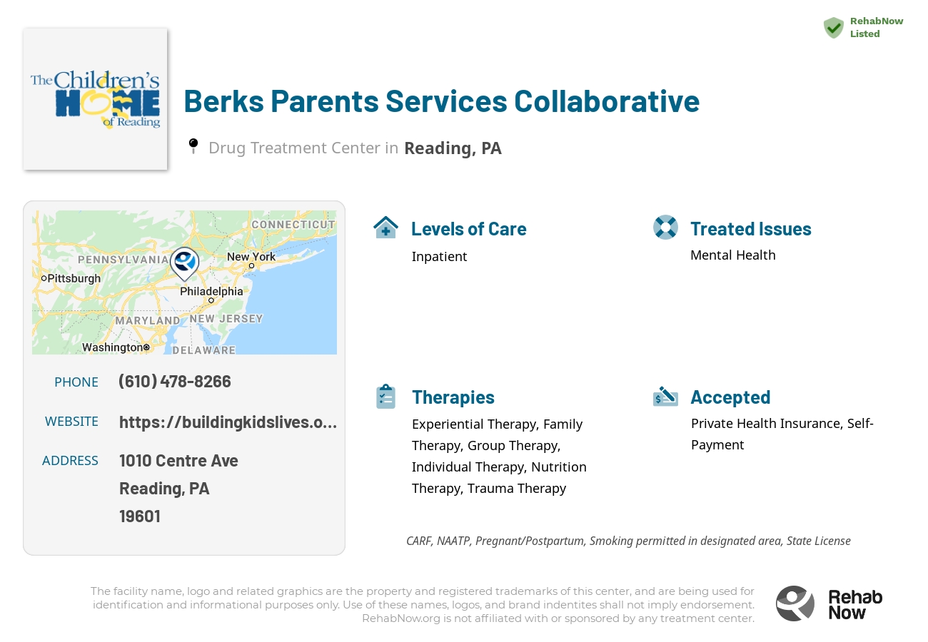 Helpful reference information for Berks Parents Services Collaborative, a drug treatment center in Pennsylvania located at: 1010 Centre Ave, Reading, PA 19601, including phone numbers, official website, and more. Listed briefly is an overview of Levels of Care, Therapies Offered, Issues Treated, and accepted forms of Payment Methods.