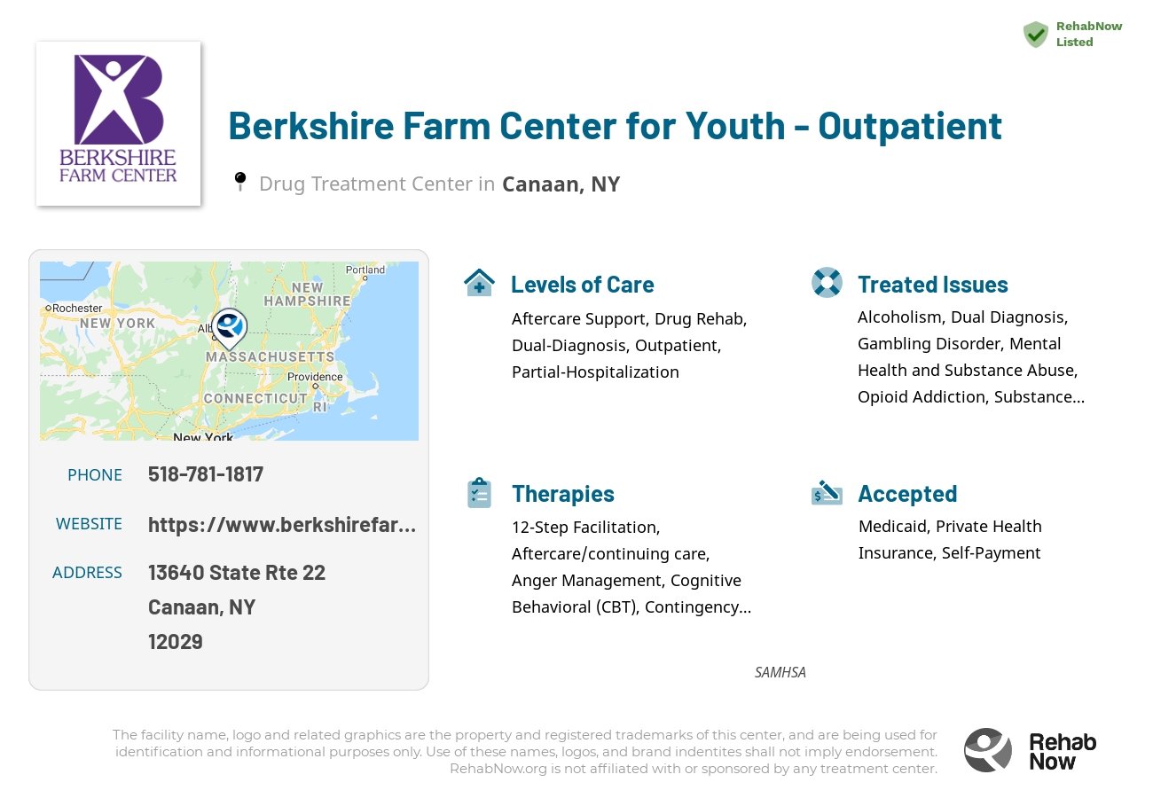 Helpful reference information for Berkshire Farm Center for Youth - Outpatient, a drug treatment center in New York located at: 13640 State Rte 22, Canaan, NY 12029, including phone numbers, official website, and more. Listed briefly is an overview of Levels of Care, Therapies Offered, Issues Treated, and accepted forms of Payment Methods.