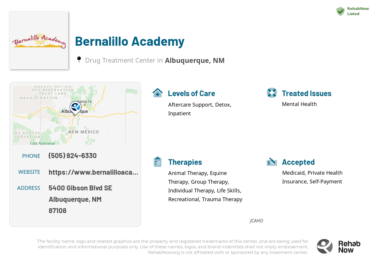 Helpful reference information for Bernalillo Academy, a drug treatment center in New Mexico located at: 5400 Gibson Blvd SE, Albuquerque, NM 87108, including phone numbers, official website, and more. Listed briefly is an overview of Levels of Care, Therapies Offered, Issues Treated, and accepted forms of Payment Methods.