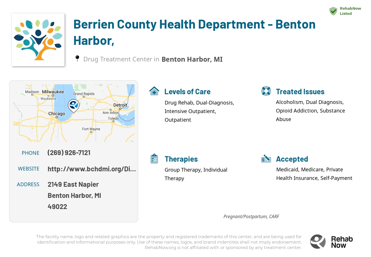 Helpful reference information for Berrien County Health Department - Benton Harbor,, a drug treatment center in Michigan located at: 2149 2149 East Napier, Benton Harbor, MI 49022, including phone numbers, official website, and more. Listed briefly is an overview of Levels of Care, Therapies Offered, Issues Treated, and accepted forms of Payment Methods.