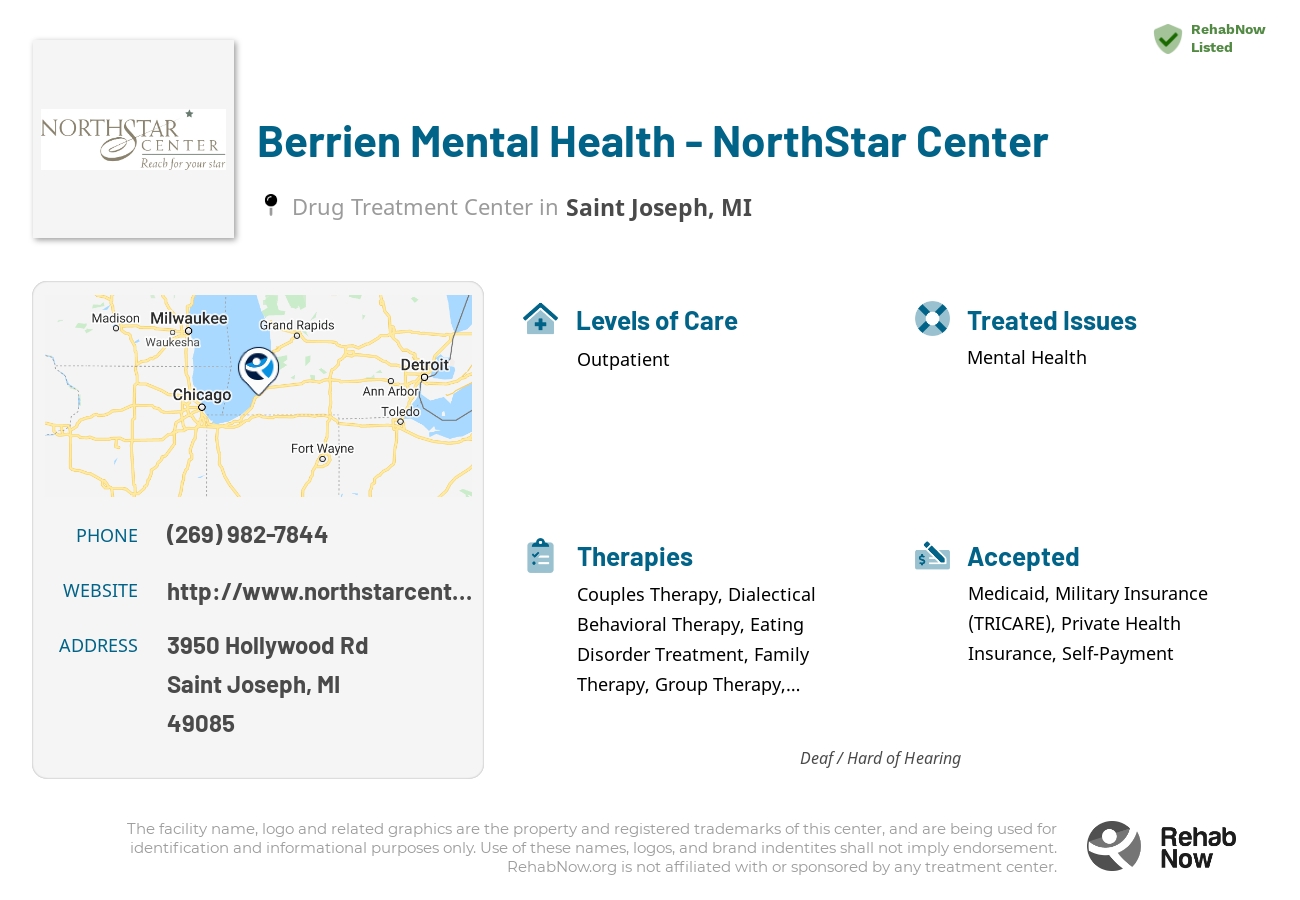 Helpful reference information for Berrien Mental Health - NorthStar Center, a drug treatment center in Michigan located at: 3950 Hollywood Rd, Saint Joseph, MI 49085, including phone numbers, official website, and more. Listed briefly is an overview of Levels of Care, Therapies Offered, Issues Treated, and accepted forms of Payment Methods.