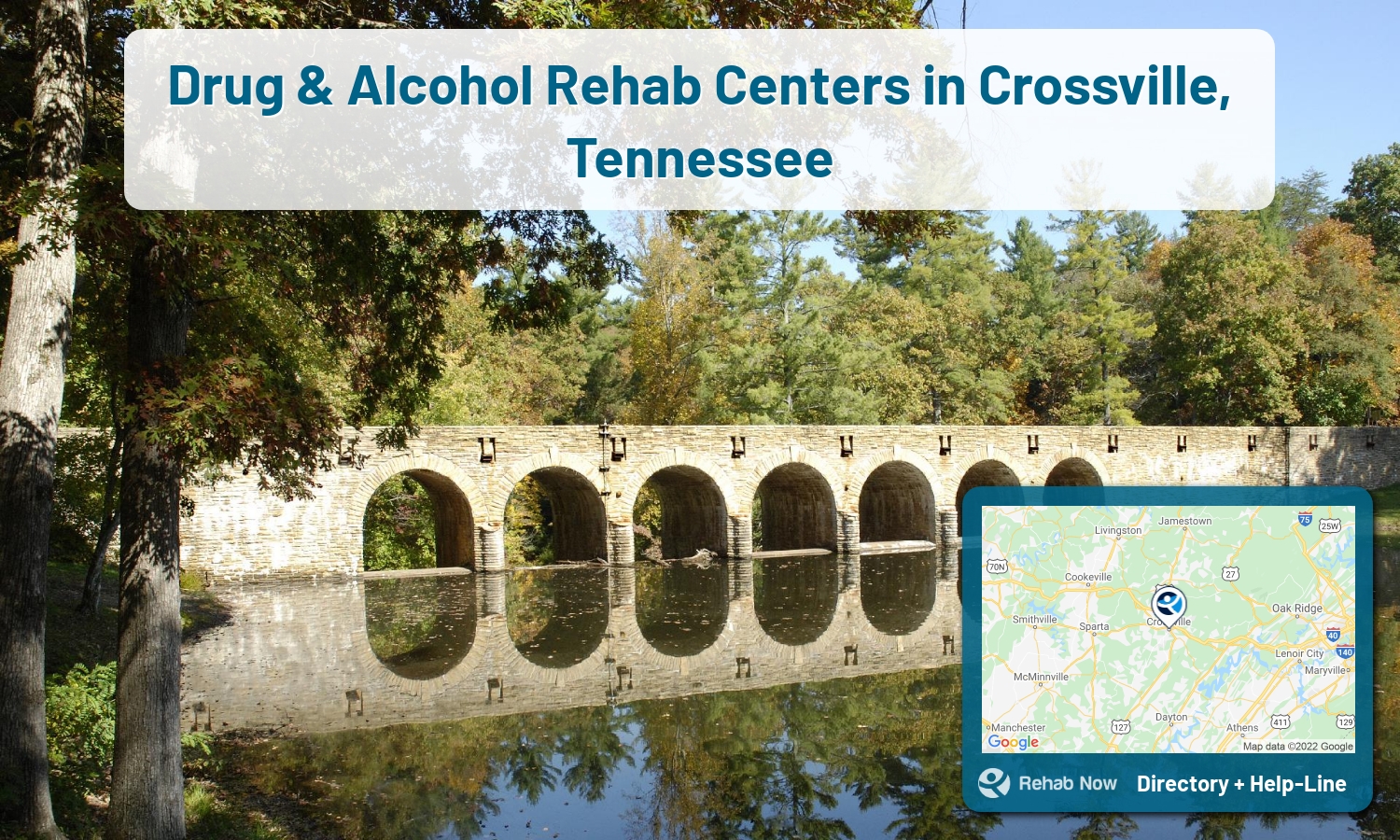 Need treatment nearby in Crossville, Tennessee? Choose a drug/alcohol rehab center from our list, or call our hotline now for free help.