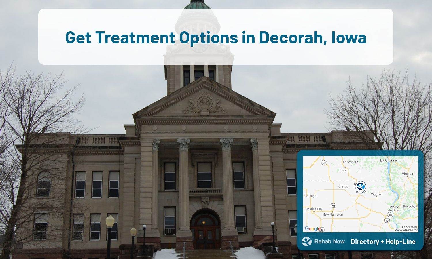 Decorah, IA Treatment Centers. Find drug rehab in Decorah, Iowa, or detox and treatment programs. Get the right help now!