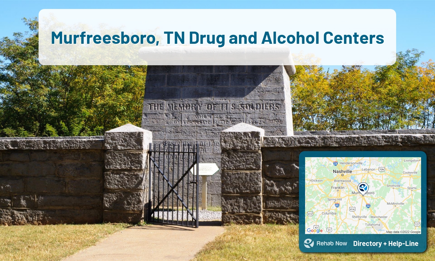 Drug rehab and alcohol treatment services nearby Murfreesboro, TN. Need help choosing a treatment program? Call our free hotline!