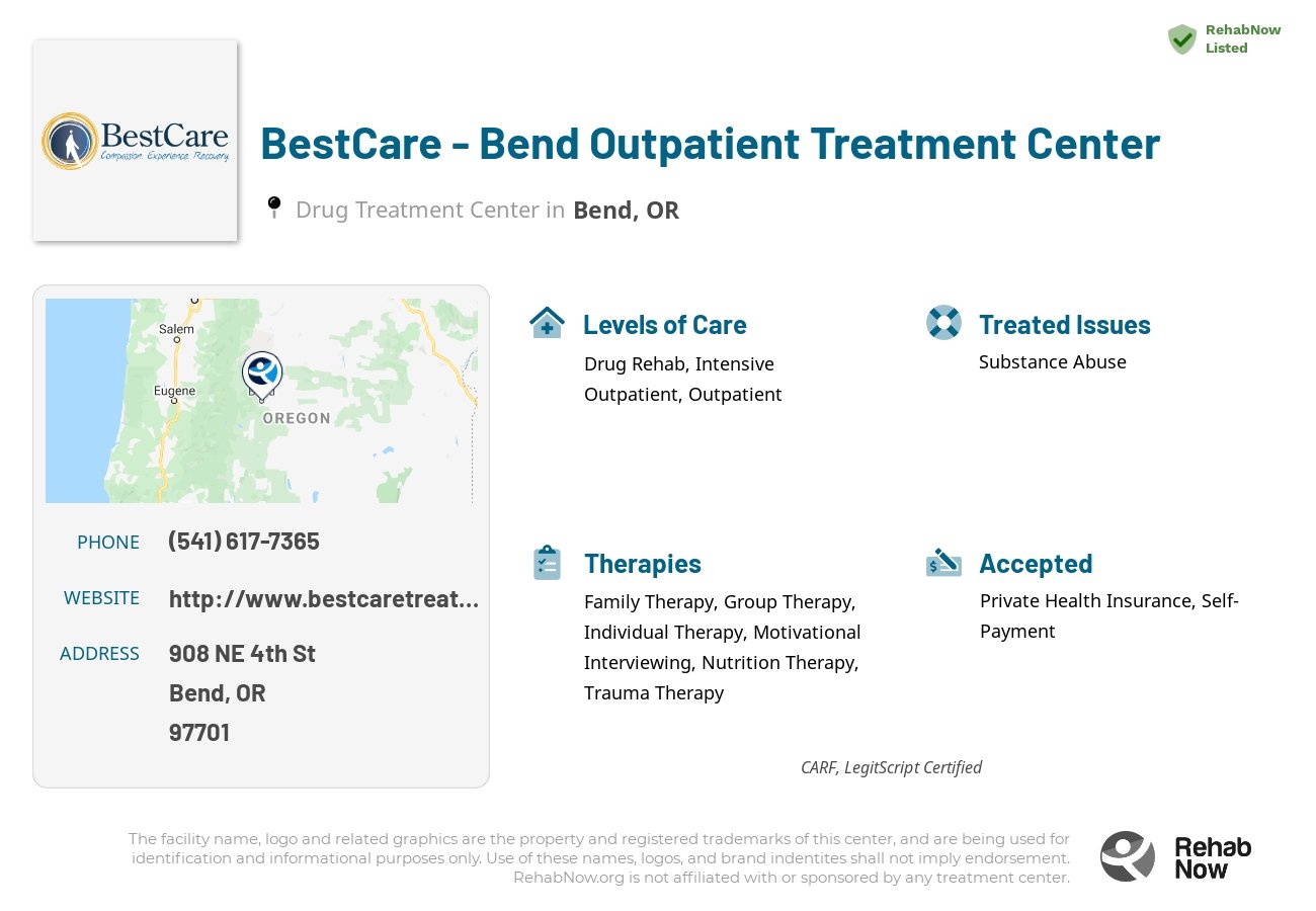 Helpful reference information for BestCare - Bend Outpatient Treatment Center, a drug treatment center in Oregon located at: 908 NE 4th St. Suite 100, Bend, OR, 97701, including phone numbers, official website, and more. Listed briefly is an overview of Levels of Care, Therapies Offered, Issues Treated, and accepted forms of Payment Methods.