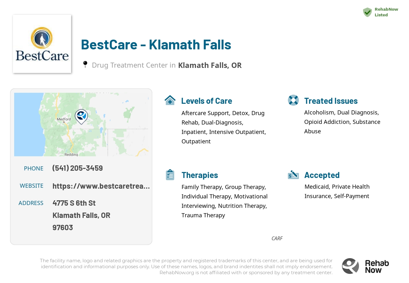 Helpful reference information for BestCare - Klamath Falls, a drug treatment center in Oregon located at: 4775 S 6th St, Klamath Falls, OR 97603, including phone numbers, official website, and more. Listed briefly is an overview of Levels of Care, Therapies Offered, Issues Treated, and accepted forms of Payment Methods.