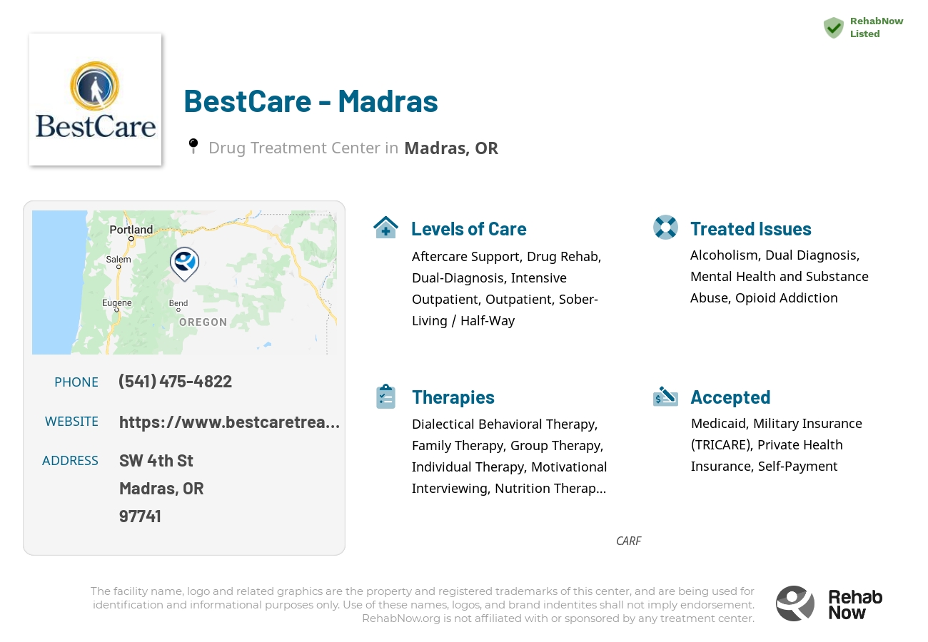 Helpful reference information for BestCare - Madras, a drug treatment center in Oregon located at: SW 4th St, Madras, OR 97741, including phone numbers, official website, and more. Listed briefly is an overview of Levels of Care, Therapies Offered, Issues Treated, and accepted forms of Payment Methods.
