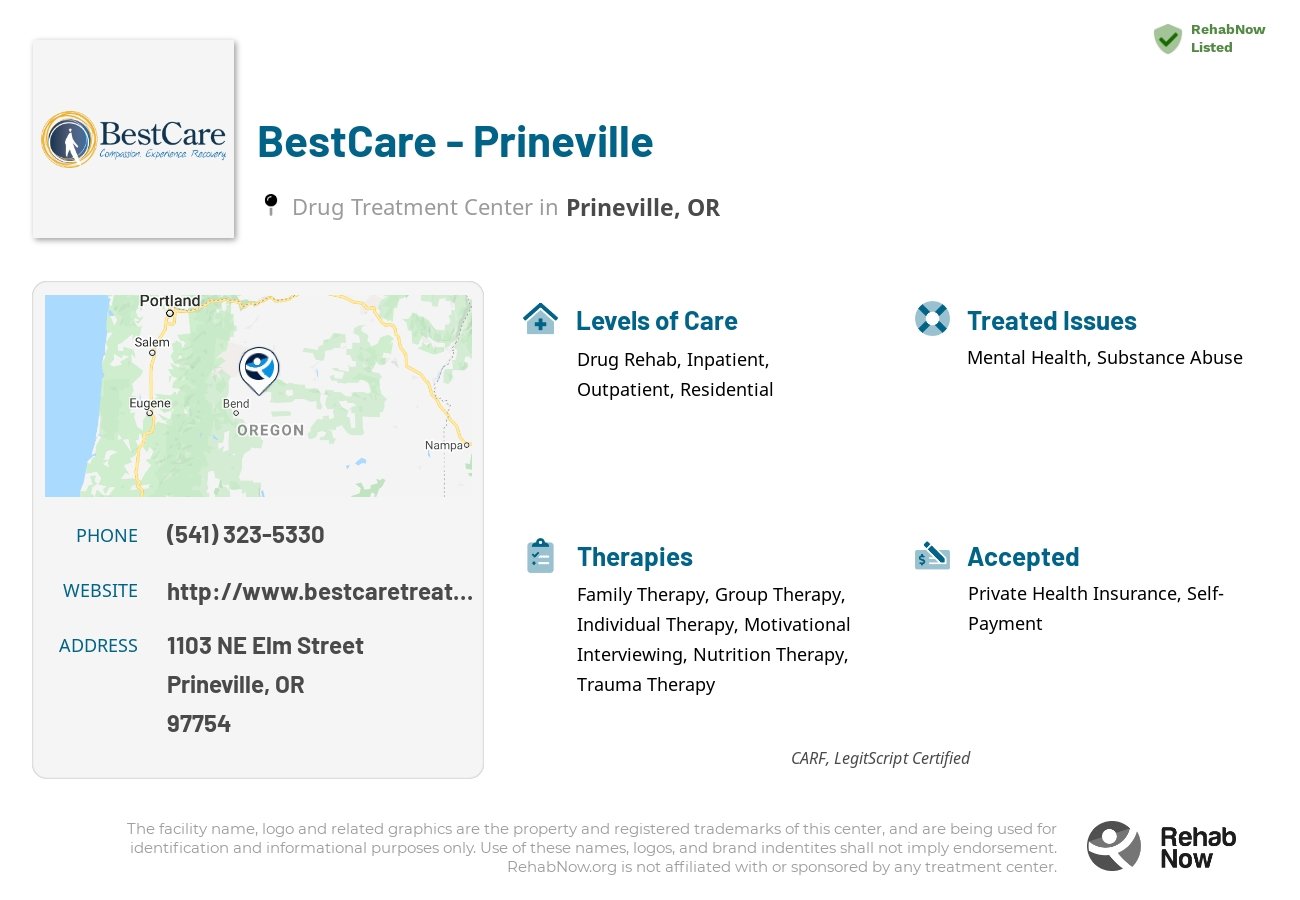 Helpful reference information for BestCare - Prineville, a drug treatment center in Oregon located at: 1103 NE Elm Street, Prineville, OR, 97754, including phone numbers, official website, and more. Listed briefly is an overview of Levels of Care, Therapies Offered, Issues Treated, and accepted forms of Payment Methods.