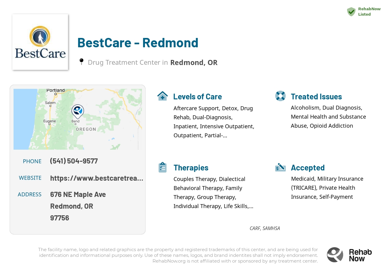 Helpful reference information for BestCare - Redmond, a drug treatment center in Oregon located at: 676 NE Maple Ave, Redmond, OR 97756, including phone numbers, official website, and more. Listed briefly is an overview of Levels of Care, Therapies Offered, Issues Treated, and accepted forms of Payment Methods.
