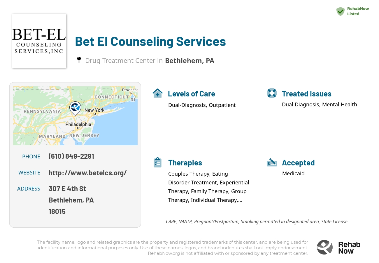 Helpful reference information for Bet El Counseling Services, a drug treatment center in Pennsylvania located at: 307 E 4th St, Bethlehem, PA 18015, including phone numbers, official website, and more. Listed briefly is an overview of Levels of Care, Therapies Offered, Issues Treated, and accepted forms of Payment Methods.