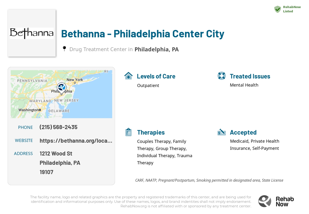 Helpful reference information for Bethanna - Philadelphia Center City, a drug treatment center in Pennsylvania located at: 1212 Wood St, Philadelphia, PA 19107, including phone numbers, official website, and more. Listed briefly is an overview of Levels of Care, Therapies Offered, Issues Treated, and accepted forms of Payment Methods.