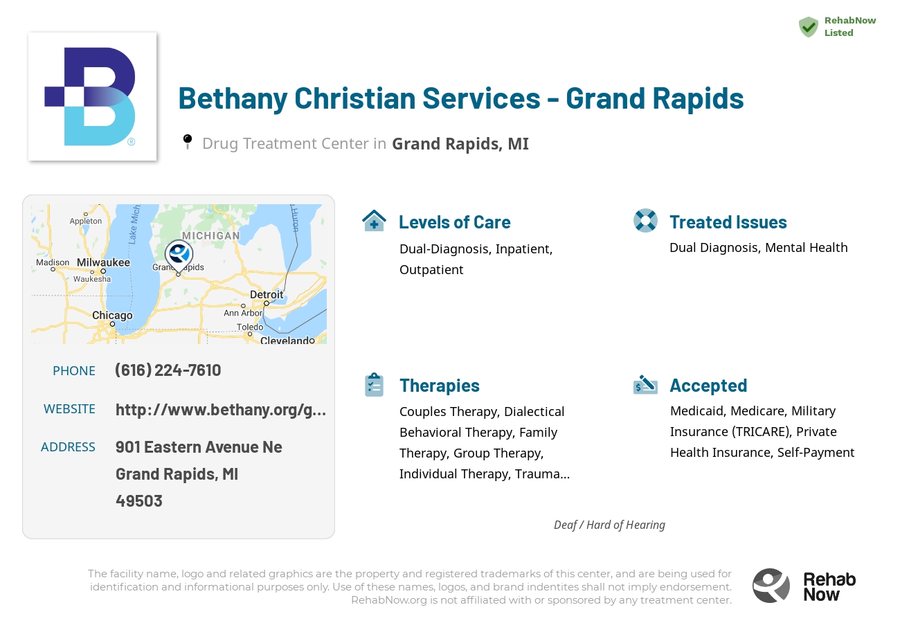 Helpful reference information for Bethany Christian Services - Grand Rapids, a drug treatment center in Michigan located at: 901 901 Eastern Avenue Ne, Grand Rapids, MI 49503, including phone numbers, official website, and more. Listed briefly is an overview of Levels of Care, Therapies Offered, Issues Treated, and accepted forms of Payment Methods.