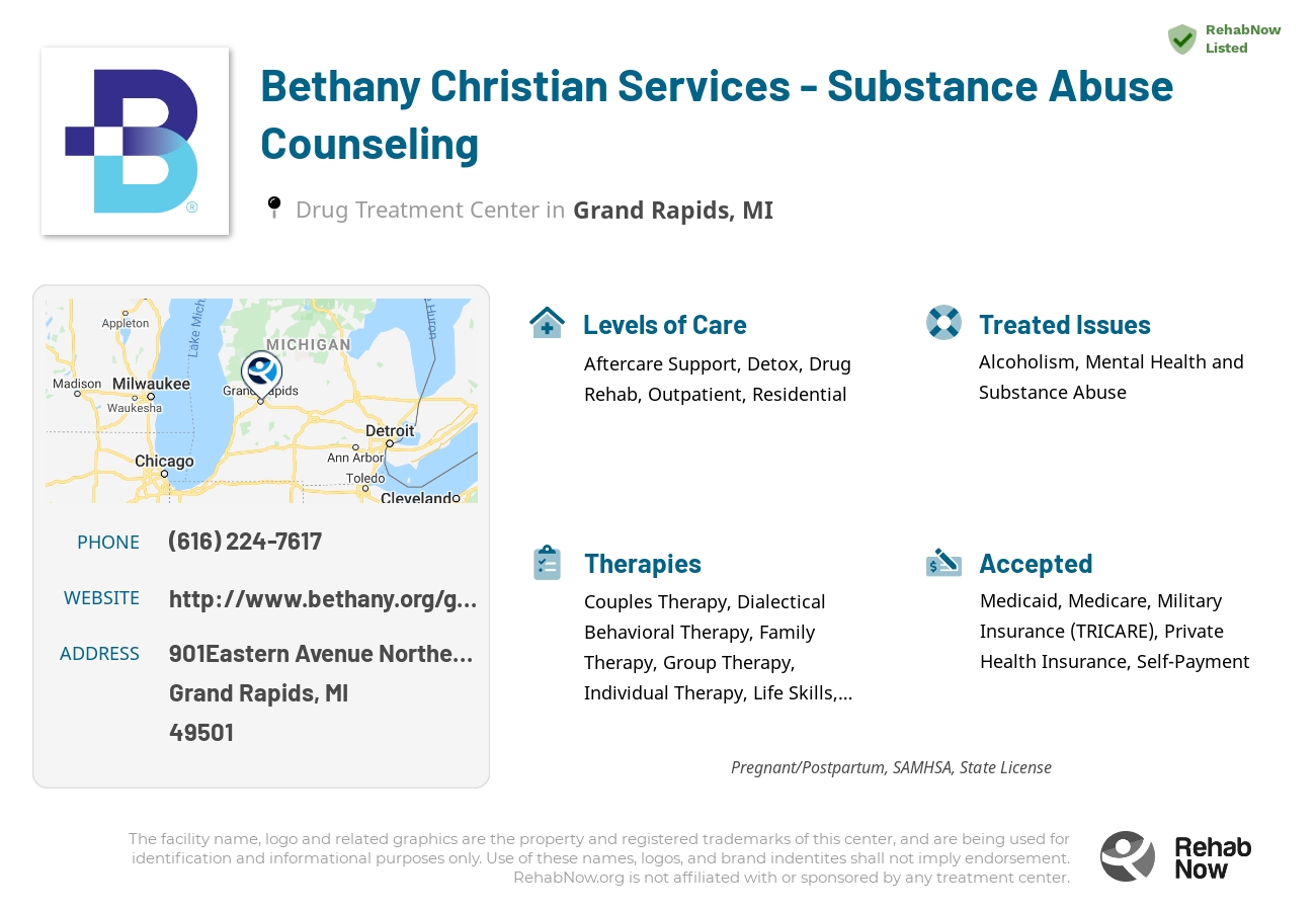 Helpful reference information for Bethany Christian Services - Substance Abuse Counseling, a drug treatment center in Michigan located at: 901Eastern Avenue Northeast, Grand Rapids, MI, 49501, including phone numbers, official website, and more. Listed briefly is an overview of Levels of Care, Therapies Offered, Issues Treated, and accepted forms of Payment Methods.