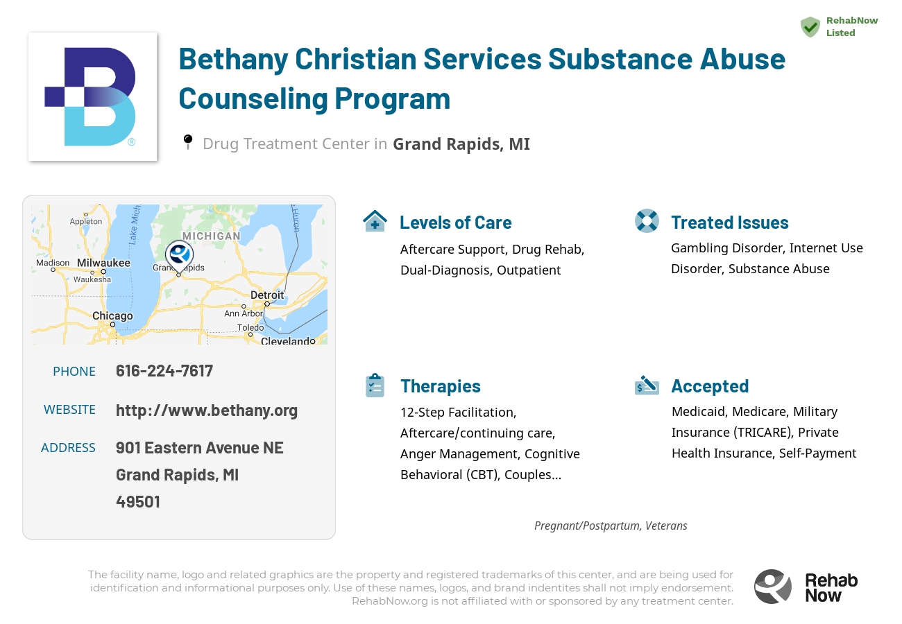 Helpful reference information for Bethany Christian Services Substance Abuse Counseling Program, a drug treatment center in Michigan located at: 901 Eastern Avenue NE, Grand Rapids, MI 49501, including phone numbers, official website, and more. Listed briefly is an overview of Levels of Care, Therapies Offered, Issues Treated, and accepted forms of Payment Methods.