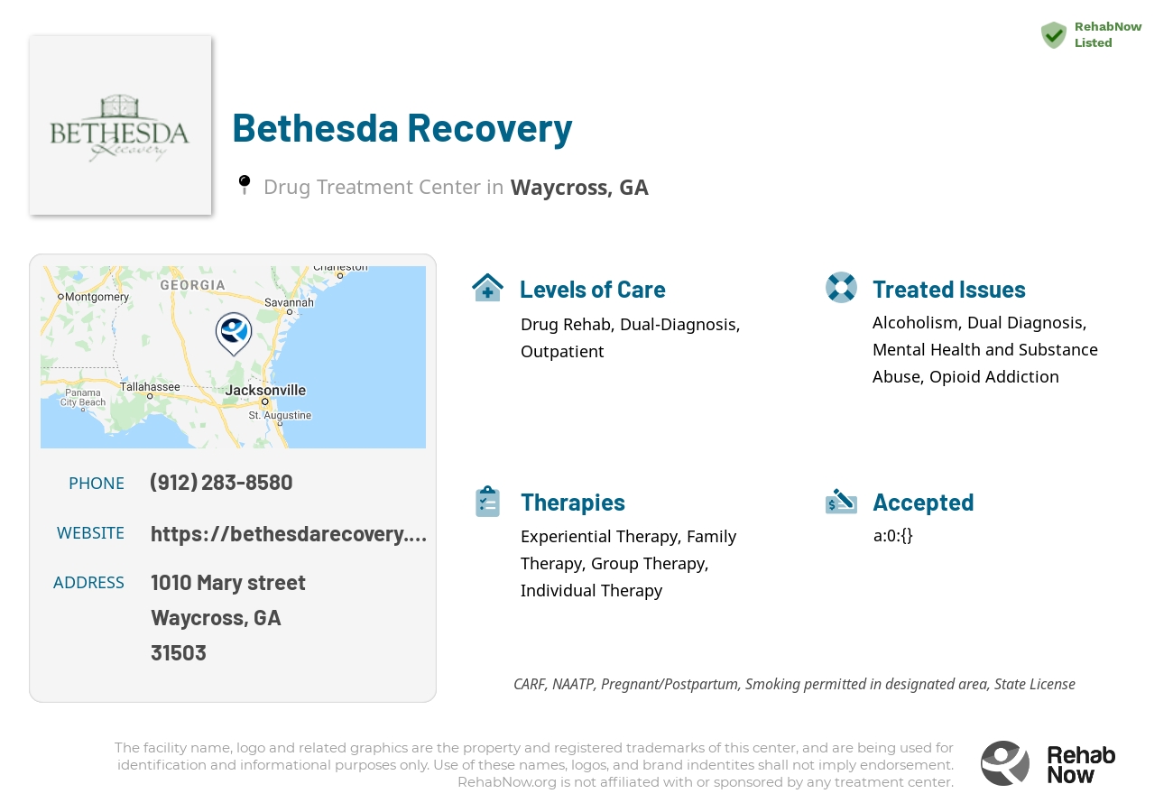 Helpful reference information for Bethesda Recovery, a drug treatment center in Georgia located at: 1010 1010 Mary street, Waycross, GA 31503, including phone numbers, official website, and more. Listed briefly is an overview of Levels of Care, Therapies Offered, Issues Treated, and accepted forms of Payment Methods.