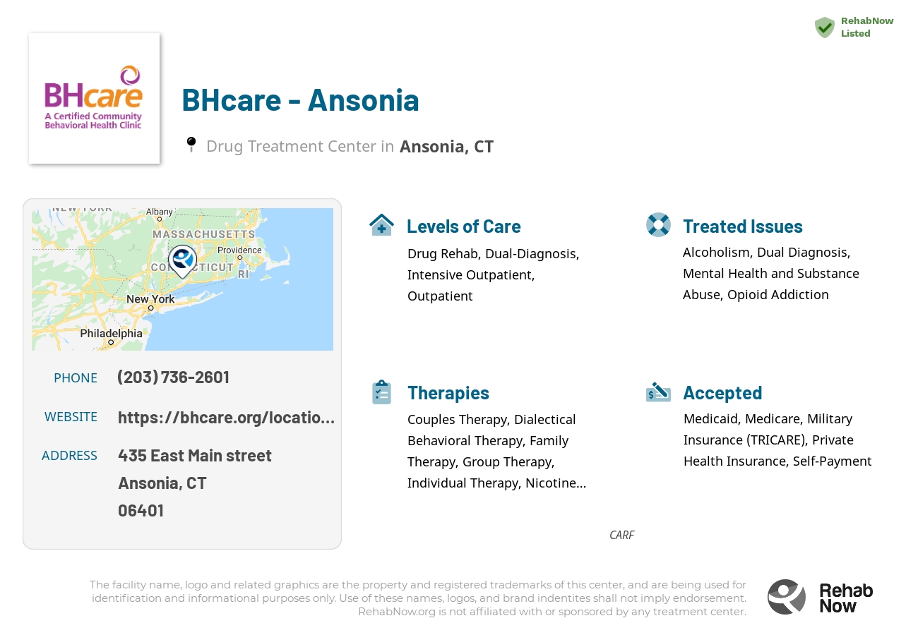 Helpful reference information for BHcare - Ansonia, a drug treatment center in Connecticut located at: 435 East Main street, Ansonia, CT, 06401, including phone numbers, official website, and more. Listed briefly is an overview of Levels of Care, Therapies Offered, Issues Treated, and accepted forms of Payment Methods.