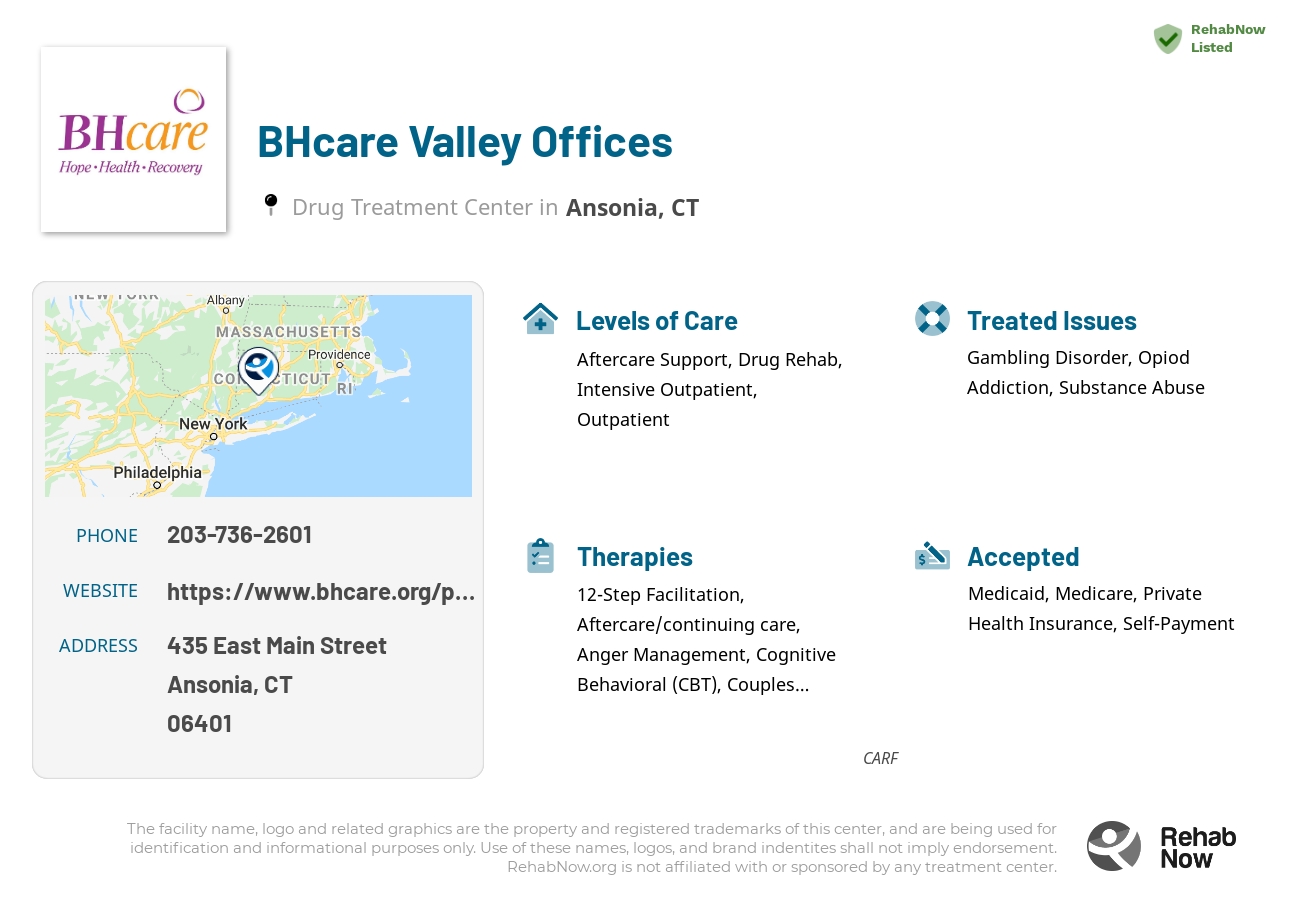 Helpful reference information for BHcare Valley Offices, a drug treatment center in Connecticut located at: 435 East Main Street, Ansonia, CT 06401, including phone numbers, official website, and more. Listed briefly is an overview of Levels of Care, Therapies Offered, Issues Treated, and accepted forms of Payment Methods.