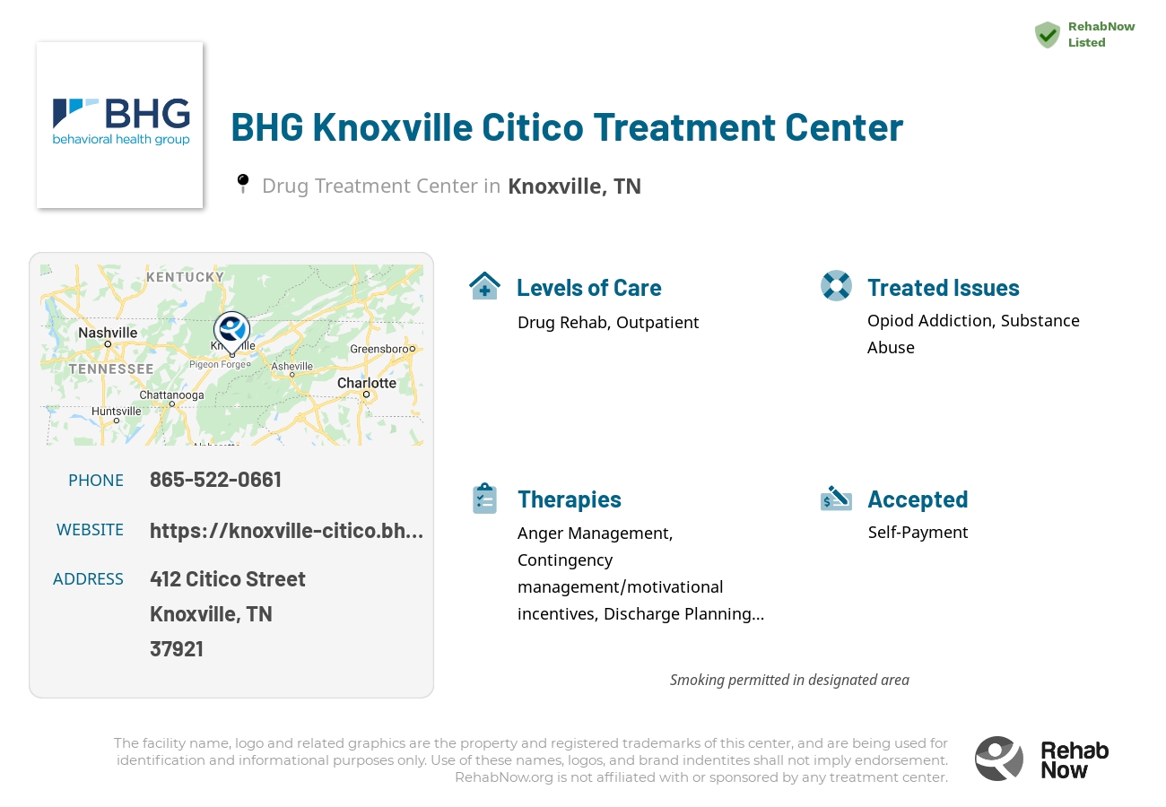 Helpful reference information for BHG Knoxville Citico Treatment Center, a drug treatment center in Tennessee located at: 412 Citico Street, Knoxville, TN 37921, including phone numbers, official website, and more. Listed briefly is an overview of Levels of Care, Therapies Offered, Issues Treated, and accepted forms of Payment Methods.