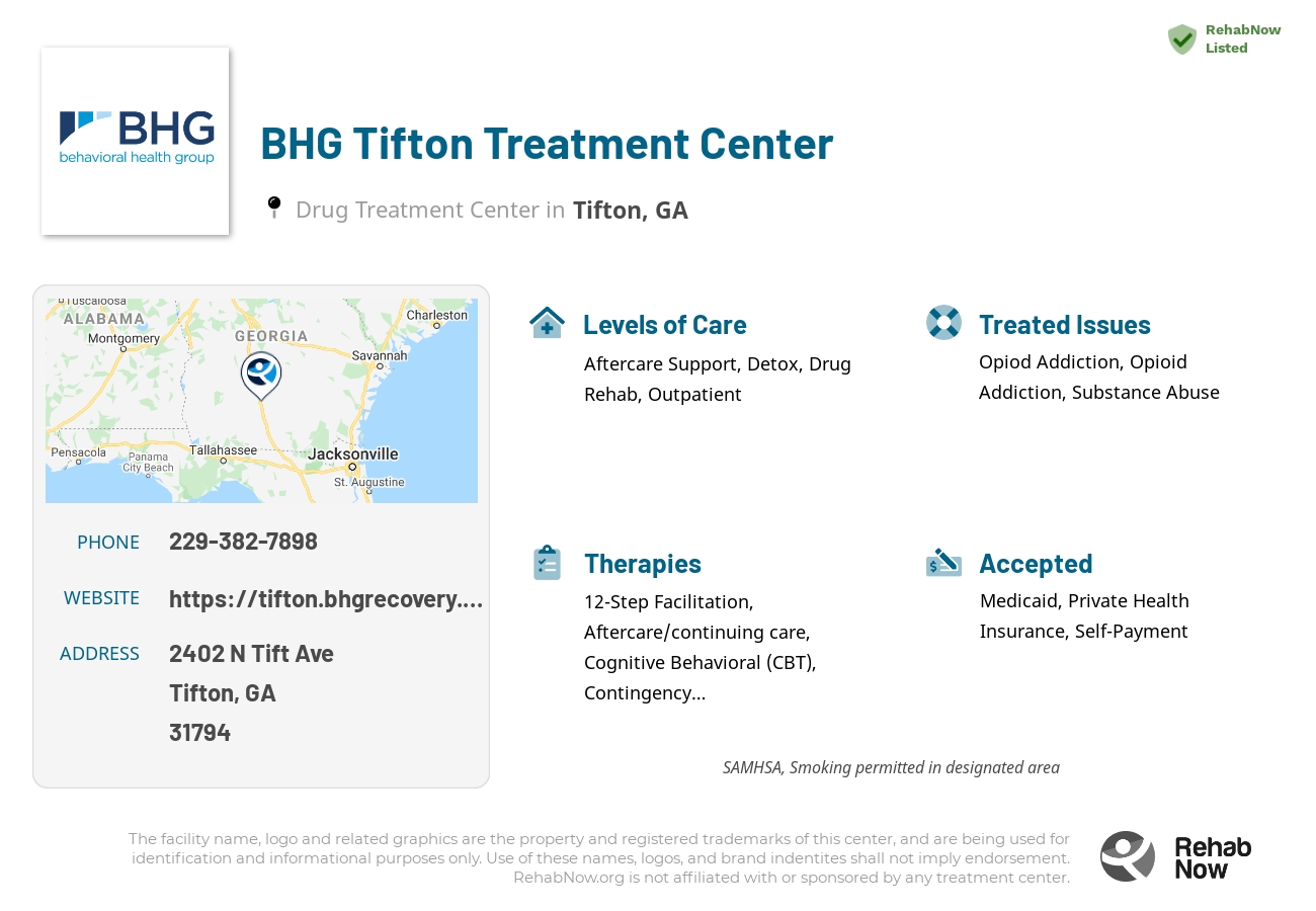 Helpful reference information for BHG Tifton Treatment Center, a drug treatment center in Georgia located at: 2402 N Tift Ave, Tifton, GA 31794, including phone numbers, official website, and more. Listed briefly is an overview of Levels of Care, Therapies Offered, Issues Treated, and accepted forms of Payment Methods.
