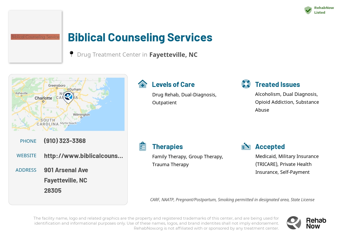 Helpful reference information for Biblical Counseling Services, a drug treatment center in North Carolina located at: 901 Arsenal Ave, Fayetteville, NC 28305, including phone numbers, official website, and more. Listed briefly is an overview of Levels of Care, Therapies Offered, Issues Treated, and accepted forms of Payment Methods.