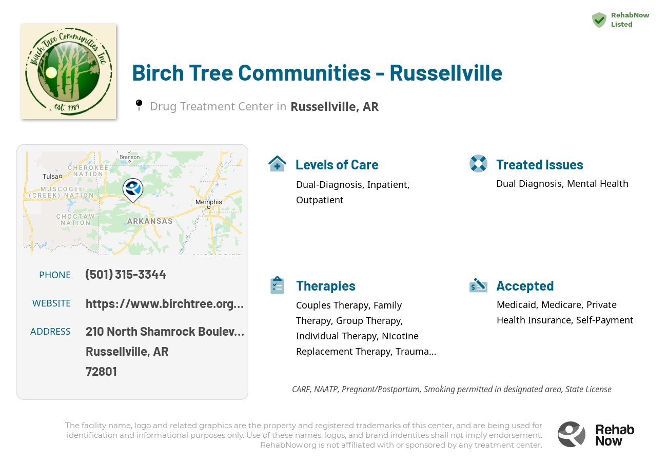 Helpful reference information for Birch Tree Communities - Russellville, a drug treatment center in Arkansas located at: 210 North Shamrock Boulevard, Russellville, AR, 72801, including phone numbers, official website, and more. Listed briefly is an overview of Levels of Care, Therapies Offered, Issues Treated, and accepted forms of Payment Methods.