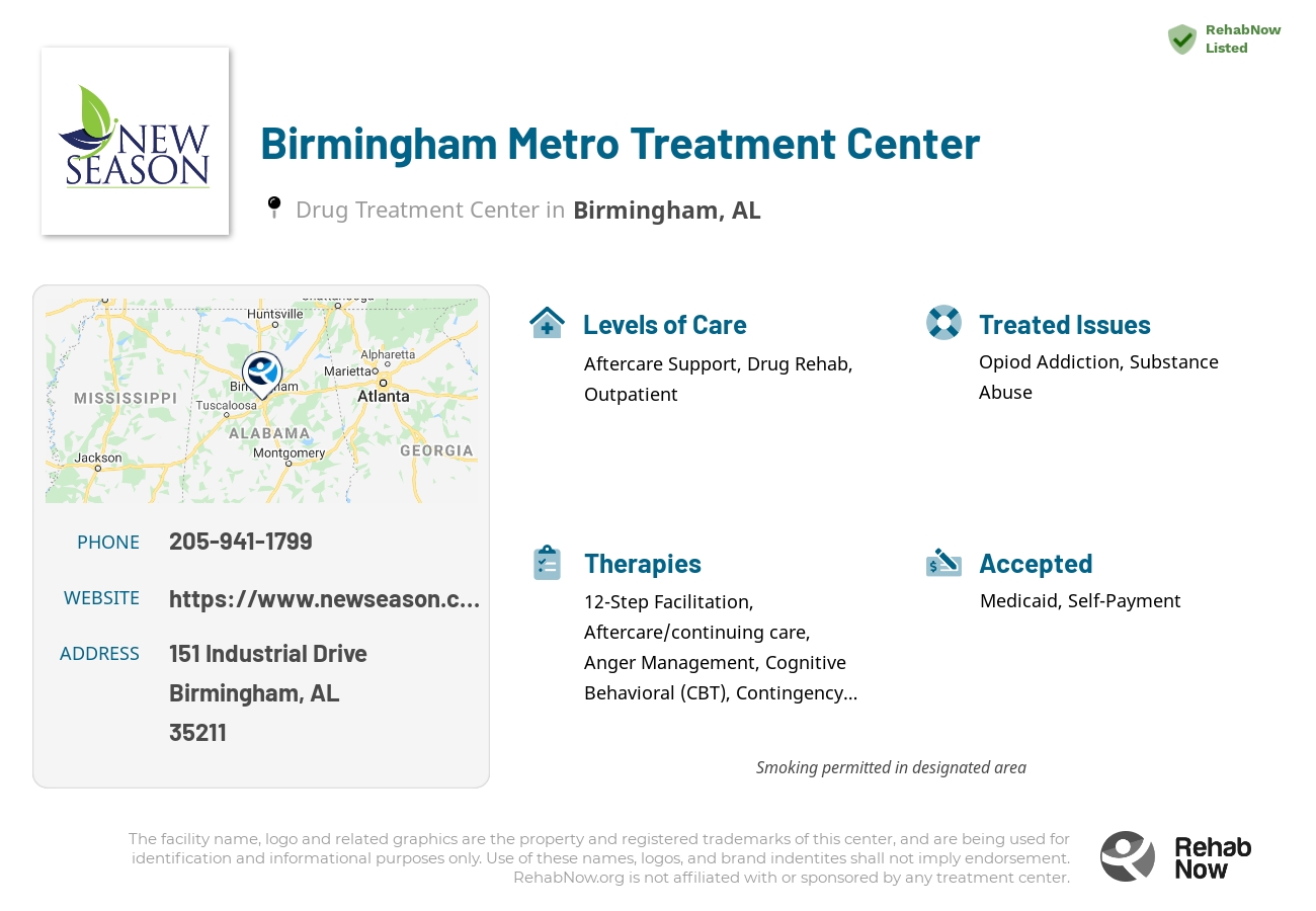 Helpful reference information for Birmingham Metro Treatment Center, a drug treatment center in Alabama located at: 151 Industrial Drive, Birmingham, AL 35211, including phone numbers, official website, and more. Listed briefly is an overview of Levels of Care, Therapies Offered, Issues Treated, and accepted forms of Payment Methods.