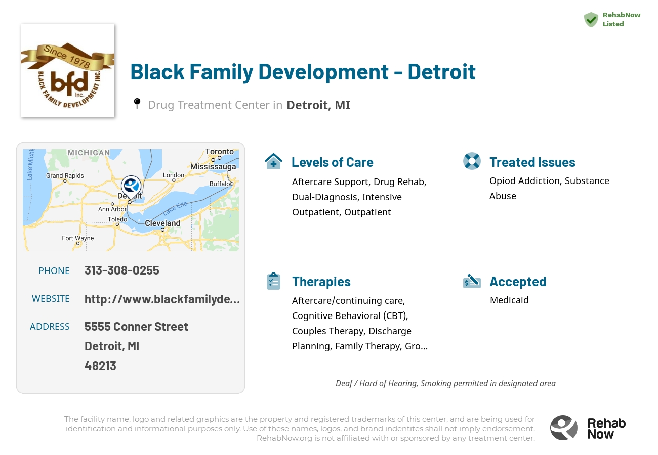 Helpful reference information for Black Family Development - Detroit, a drug treatment center in Michigan located at: 5555 Conner Street, Detroit, MI 48213, including phone numbers, official website, and more. Listed briefly is an overview of Levels of Care, Therapies Offered, Issues Treated, and accepted forms of Payment Methods.