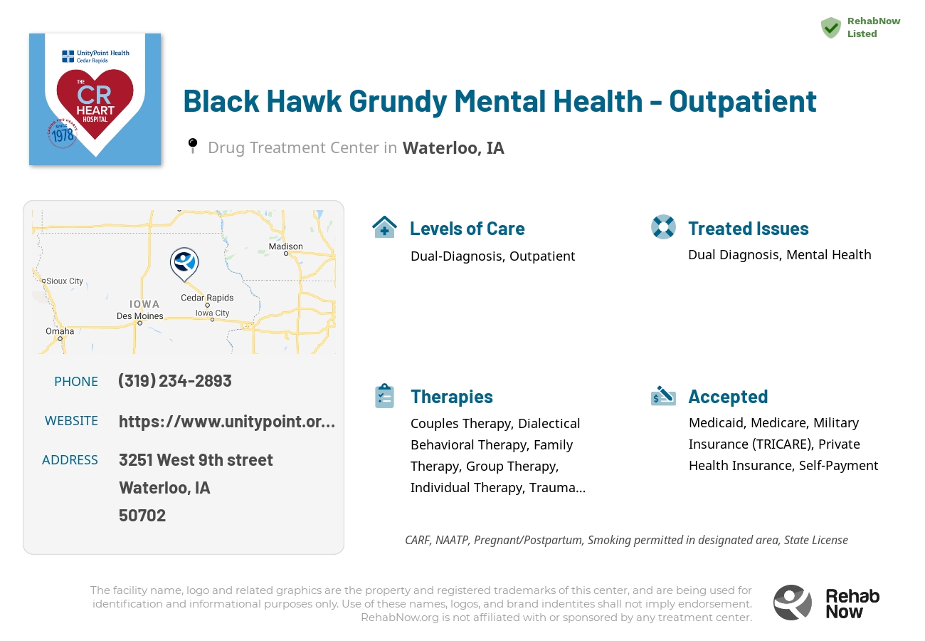 Helpful reference information for Black Hawk Grundy Mental Health - Outpatient, a drug treatment center in Iowa located at: 3251 West 9th street, Waterloo, IA, 50702, including phone numbers, official website, and more. Listed briefly is an overview of Levels of Care, Therapies Offered, Issues Treated, and accepted forms of Payment Methods.