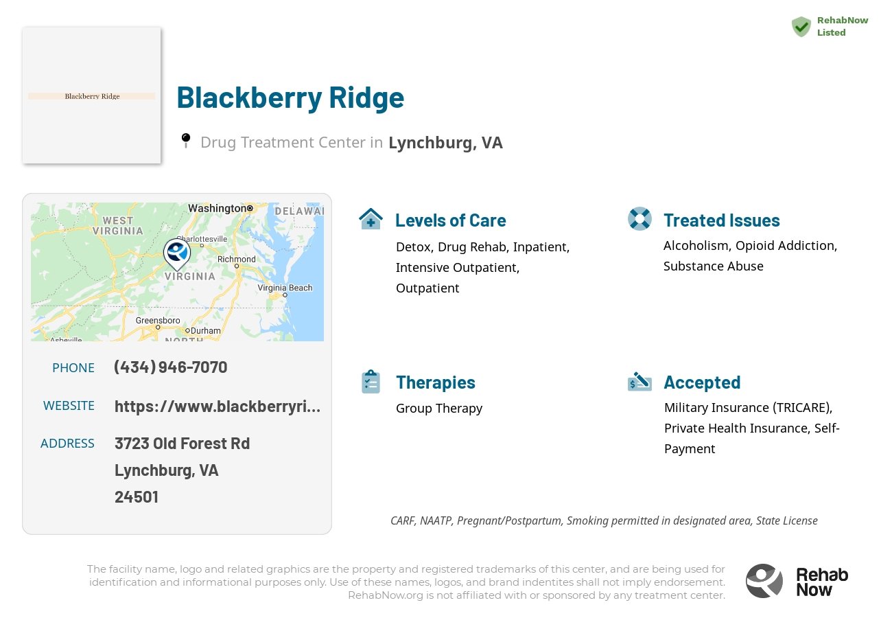 Helpful reference information for Blackberry Ridge, a drug treatment center in Virginia located at: 3723 Old Forest Rd, Lynchburg, VA 24501, including phone numbers, official website, and more. Listed briefly is an overview of Levels of Care, Therapies Offered, Issues Treated, and accepted forms of Payment Methods.