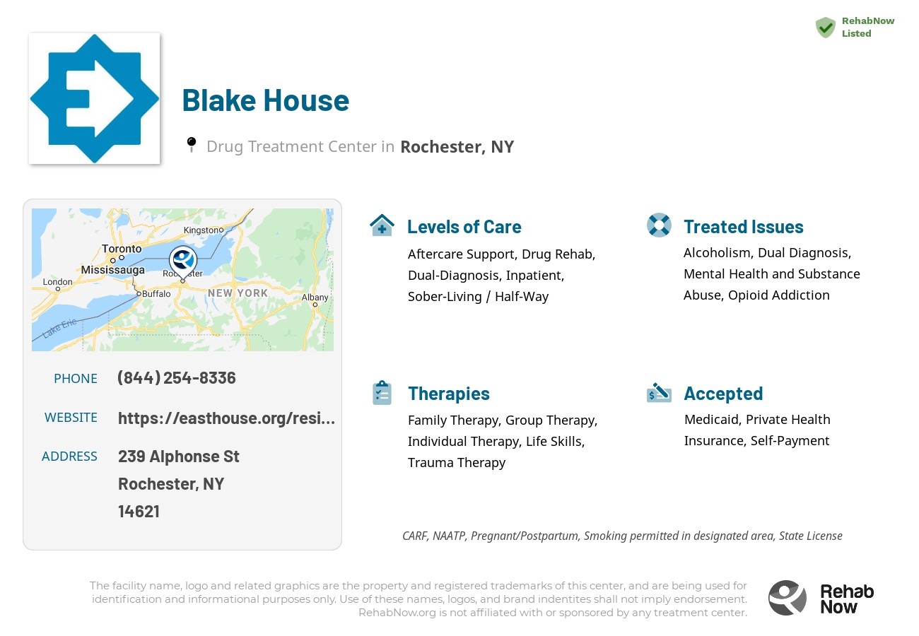 Helpful reference information for Blake House, a drug treatment center in New York located at: 239 Alphonse St, Rochester, NY 14621, including phone numbers, official website, and more. Listed briefly is an overview of Levels of Care, Therapies Offered, Issues Treated, and accepted forms of Payment Methods.