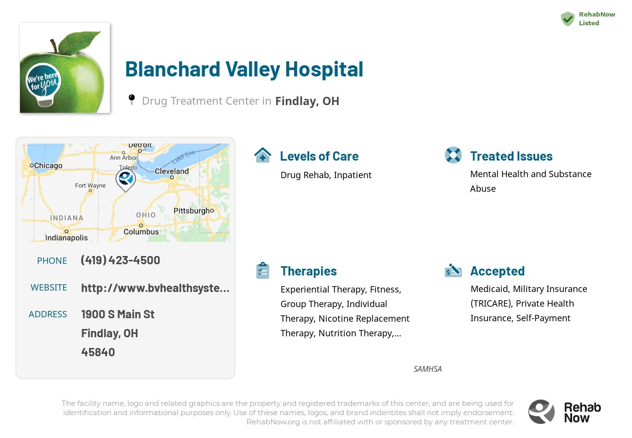 Helpful reference information for Blanchard Valley Hospital, a drug treatment center in Ohio located at: 1900 S Main St, Findlay, OH 45840, including phone numbers, official website, and more. Listed briefly is an overview of Levels of Care, Therapies Offered, Issues Treated, and accepted forms of Payment Methods.