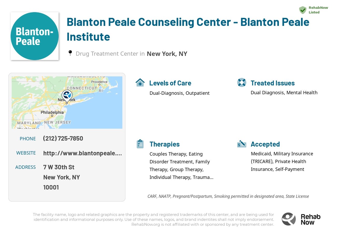 Helpful reference information for Blanton Peale Counseling Center - Blanton Peale Institute, a drug treatment center in New York located at: 7 W 30th St, New York, NY 10001, including phone numbers, official website, and more. Listed briefly is an overview of Levels of Care, Therapies Offered, Issues Treated, and accepted forms of Payment Methods.